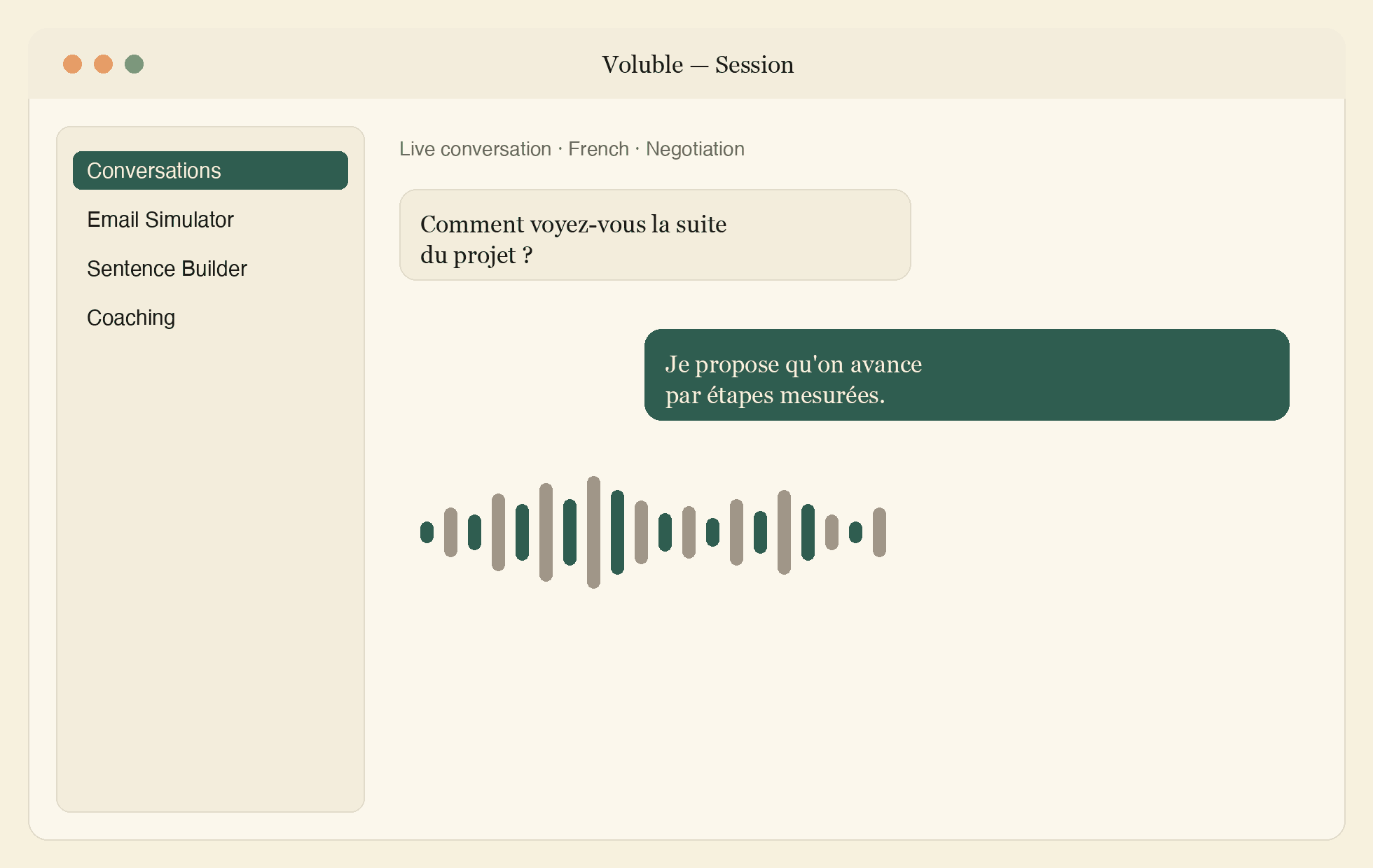 Voluble app showing a live voice conversation practice session